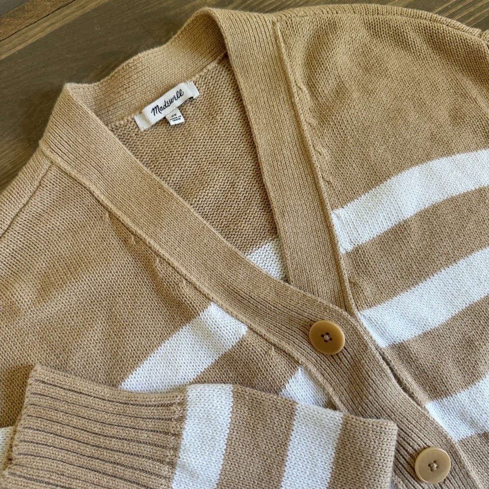 Madewell Womens XS Tan White Stripe V-Neck Button Cardigan Sweater‎ Pockets